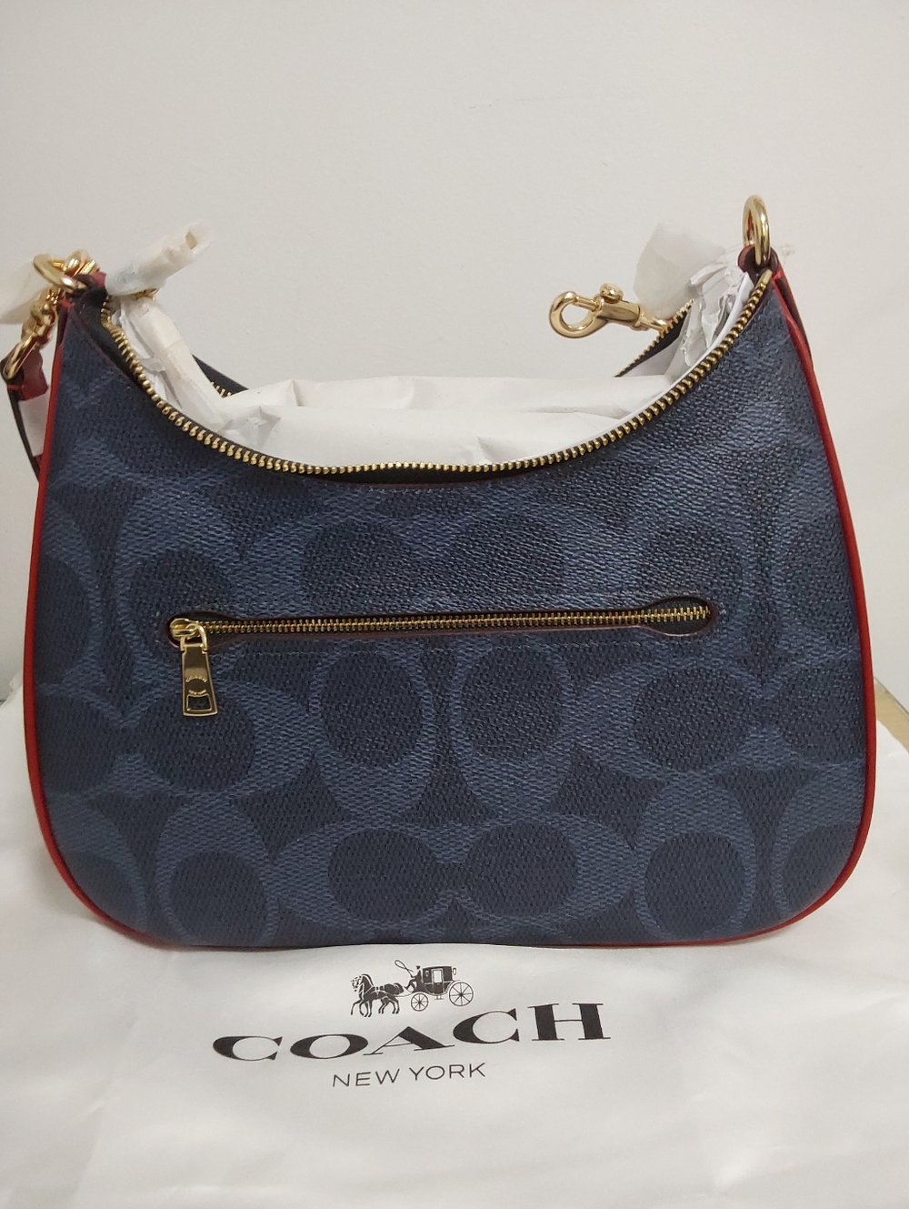 Coach Navy Signature Canvas Hobo with Red Trim and Gold Hardware - Picture 3 of 5